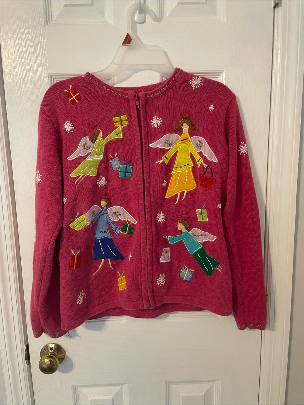 Vintage Pink Holiday Angel Embroidered Appliqué Zip Sweater Sz Medium Grandma